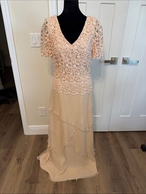 Montage by Mon Cheri Blush Lace & Chiffon V-Neck Gown